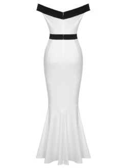 White 1930s Off-Shoulder Fishtail Dress 8 White 1930s Off-Shoulder Fishtail Dress -BUNBUN Fancy Clothing Shop SCHL003796 W 1 3