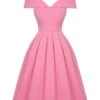 Pink 1950s Cold Shoulder Solid Dress -BUNBUN Fancy Clothing Shop SCHL003807 P 1 1