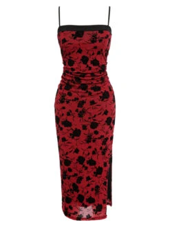 Wine Red 1960s Floral Spaghetti Strap Dress