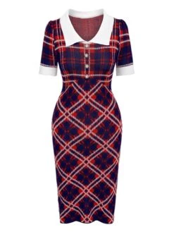 Multicolor 1960s Plaid Knitted Pencil Dress