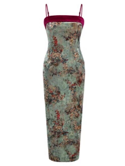 Green 1960s Floral Velvet Spaghetti Strap Dress -BUNBUN Fancy Clothing Shop SCHL003813 MC 01 2