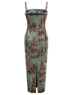 Green 1960s Floral Velvet Spaghetti Strap Dress -BUNBUN Fancy Clothing Shop SCHL003813 MC 01 4