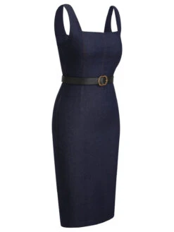 Blue 1960s Solid Square Neck Cowboy Dress -BUNBUN Fancy Clothing Shop SCHL003852 BL 01 3