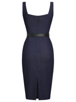 Blue 1960s Solid Square Neck Cowboy Dress -BUNBUN Fancy Clothing Shop SCHL003852 BL 01 4