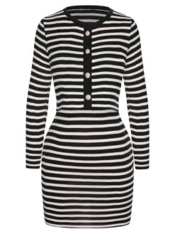 2PCS 1960s Black White Striped Knit Strap Dress & Cardigan