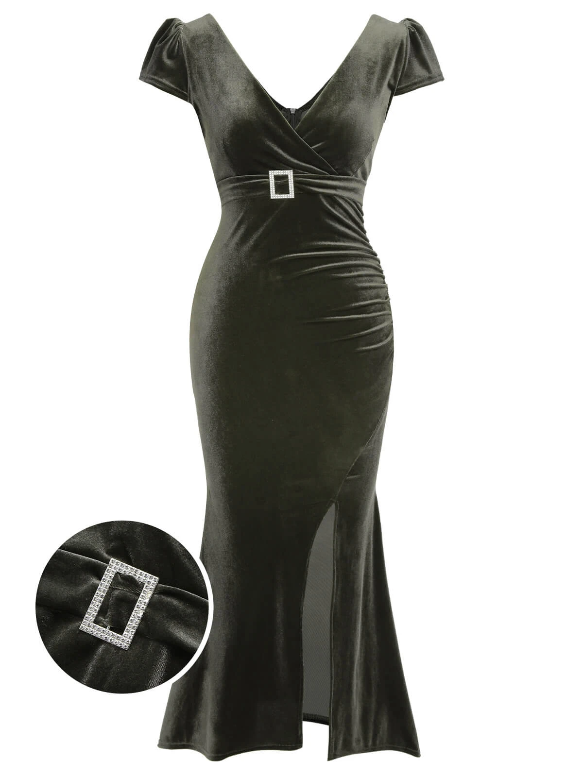 Green Gray 1930s Solid Velvet Slit Mermaid Dress 3 Green Gray 1930s Solid Velvet Slit Mermaid Dress