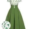 Green 1950s Lucky Clover Buttoned Dress -BUNBUN Fancy Clothing Shop SCHL003872 01 compressed