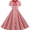1950s Bow Collar Striped Dots Swing Dress -BUNBUN Fancy Clothing Shop SCHL003919 R 1