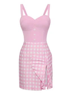 [Pre-Sale] Pink 1960s Plaid Love Slit Strap Dress -BUNBUN Fancy Clothing Shop SCHL004009 1
