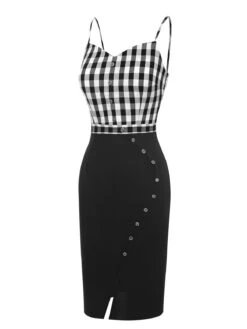 [Pre-Sale] Black 1960s Spaghetti Straps Plaid Patchwork Dress -BUNBUN Fancy Clothing Shop SCHL004035 2