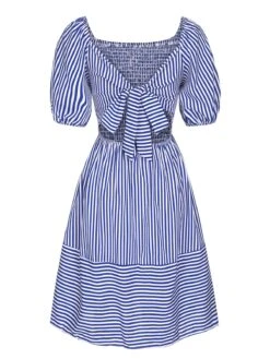 Blue 1950s Striped Raglan Square Neck Smocked Dress