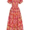 Red 1940s Flower Print Square Neck Tiered Dress -BUNBUN Fancy Clothing Shop SCHL004064 1