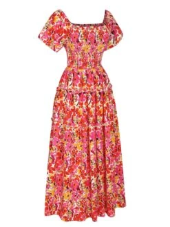 Red 1940s Flower Print Square Neck Tiered Dress -BUNBUN Fancy Clothing Shop SCHL004064 2