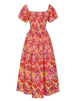 Red 1940s Flower Print Square Neck Tiered Dress -BUNBUN Fancy Clothing Shop SCHL004064 3