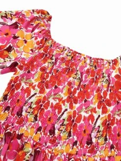 Red 1940s Flower Print Square Neck Tiered Dress -BUNBUN Fancy Clothing Shop SCHL004064 4