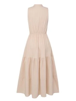 Beige 1950s Solid Stand Collar V-Neck Dress -BUNBUN Fancy Clothing Shop SCHL004080 3