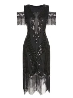 1920s Cold Shoulder Embroidered Fringe Sequins Dress -BUNBUN Fancy Clothing Shop SCHL004098 5 compressed