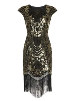 Black 1920s Sequined Tassel Cap Sleeve Dress