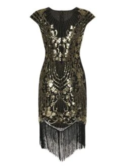 Black 1920s Sequined Tassel Cap Sleeve Dress 8 Black 1920s Sequined Tassel Cap Sleeve Dress -BUNBUN Fancy Clothing Shop SCHL004130 3 compressed