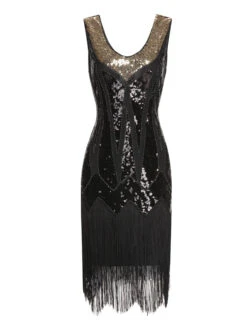1920s Sequined Tassel V-Neck Dress -BUNBUN Fancy Clothing Shop SCHL004152 1