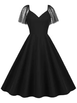 1950s Solid Dots Mesh Sleeve V-Neck Dress 27 1950s Solid Dots Mesh Sleeve V-Neck Dress -BUNBUN Fancy Clothing Shop SCHL004156 B 1