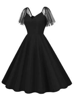 1950s Solid Dots Mesh Sleeve V-Neck Dress 28 1950s Solid Dots Mesh Sleeve V-Neck Dress -BUNBUN Fancy Clothing Shop SCHL004156 B 2