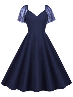 1950s Solid Dots Mesh Sleeve V-Neck Dress 24 1950s Solid Dots Mesh Sleeve V-Neck Dress -BUNBUN Fancy Clothing Shop SCHL004156 DBL 1