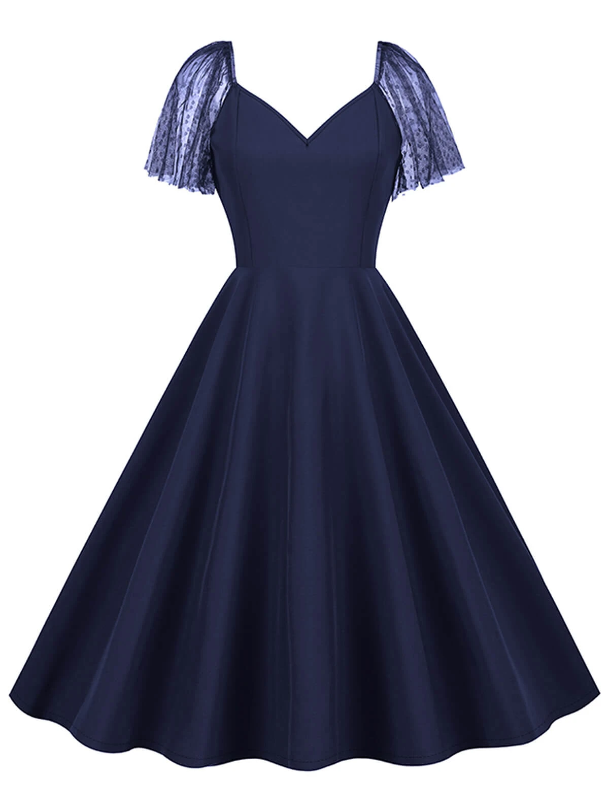 1950s Solid Dots Mesh Sleeve V-Neck Dress 10 1950s Solid Dots Mesh Sleeve V-Neck Dress - Image 9