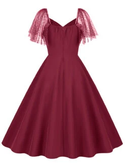 1950s Solid Dots Mesh Sleeve V-Neck Dress 22 1950s Solid Dots Mesh Sleeve V-Neck Dress -BUNBUN Fancy Clothing Shop SCHL004156 DER 1