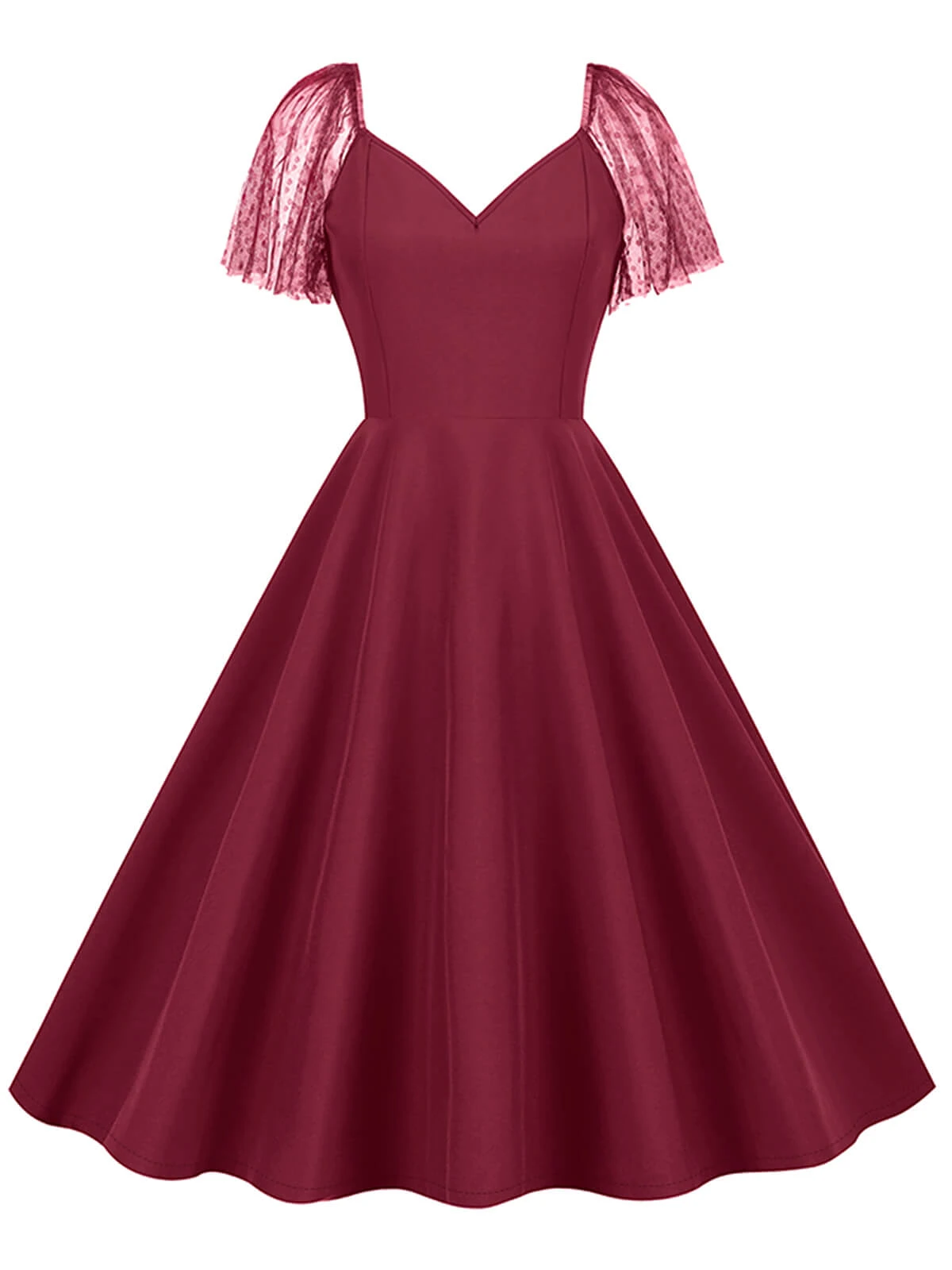 1950s Solid Dots Mesh Sleeve V-Neck Dress 6 1950s Solid Dots Mesh Sleeve V-Neck Dress - Image 5