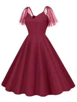 1950s Solid Dots Mesh Sleeve V-Neck Dress 21 1950s Solid Dots Mesh Sleeve V-Neck Dress -BUNBUN Fancy Clothing Shop SCHL004156 DER 3