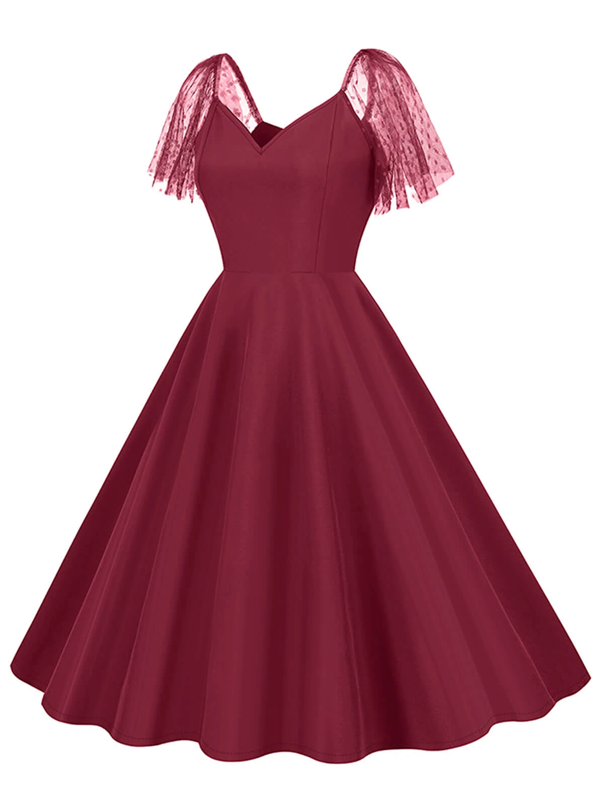 1950s Solid Dots Mesh Sleeve V-Neck Dress 7 1950s Solid Dots Mesh Sleeve V-Neck Dress - Image 6