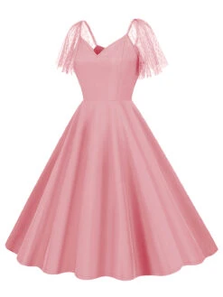 1950s Solid Dots Mesh Sleeve V-Neck Dress 17 1950s Solid Dots Mesh Sleeve V-Neck Dress -BUNBUN Fancy Clothing Shop SCHL004156 P 1