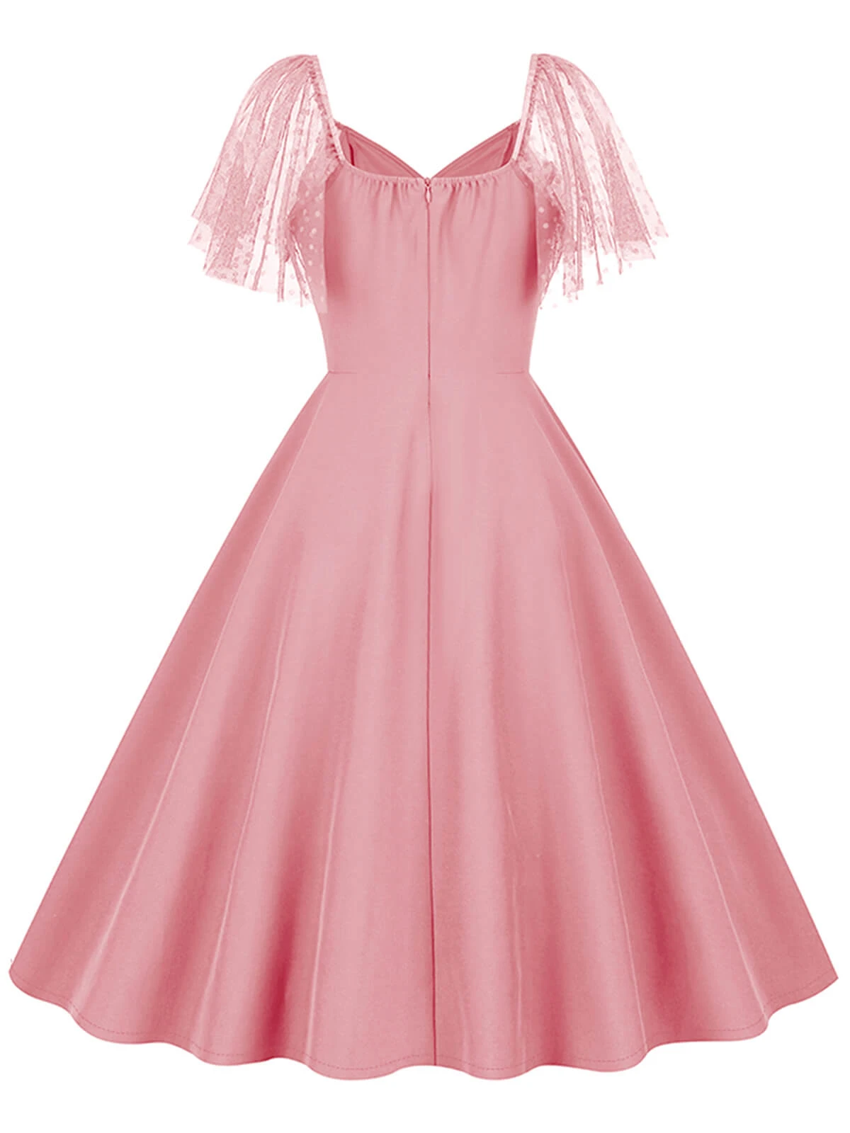 1950s Solid Dots Mesh Sleeve V-Neck Dress 4 1950s Solid Dots Mesh Sleeve V-Neck Dress - Image 3