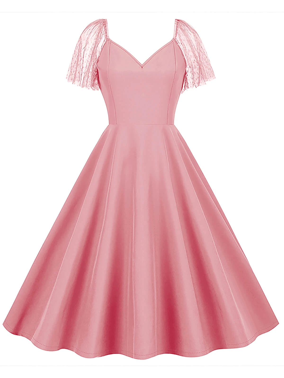 1950s Solid Dots Mesh Sleeve V-Neck Dress 2 1950s Solid Dots Mesh Sleeve V-Neck Dress