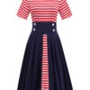 Red & Blue 1970s Stripe Patchwork Swing Dress -BUNBUN Fancy Clothing Shop SCHL004158 R 1