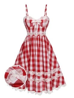 [Pre-Sale] Red 1950s Plaid Lace Bow Strap Dress