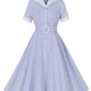 Light Blue 1950s Plaid Belt Lapel Dress -BUNBUN Fancy Clothing Shop SCHL004275 1 1