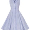 Light Blue 1940s Plaid Lapel Sleeveless Dress -BUNBUN Fancy Clothing Shop SCHL004276 1