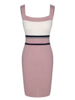 1960s Color Block Sqaure Neck Knitted Dress