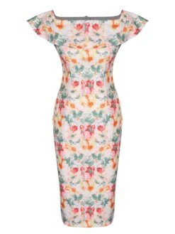 1960s Off- Shoulder Ruffles Floral Bodycon Dress