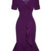Deep Purple 1960s Solid Gigot Sleeve Ruffles Dress