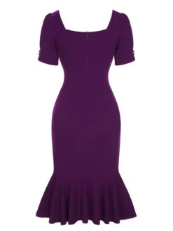 Deep Purple 1960s Solid Gigot Sleeve Ruffles Dress -BUNBUN Fancy Clothing Shop SCHL004287 3