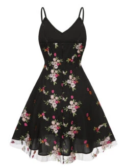Black 1970s Floral Embroidered Mesh Strap Dress -BUNBUN Fancy Clothing Shop SCHL004339 3