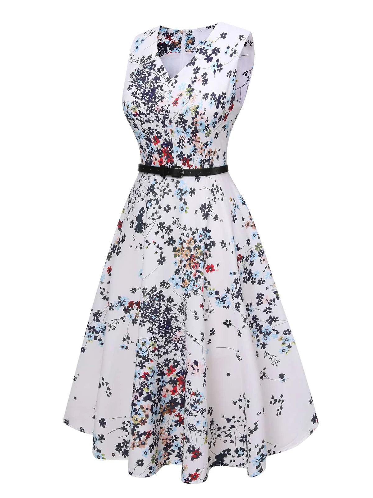 White 1940s V-Neck Floral Belted Sleeveless Dress 4 White 1940s V-Neck Floral Belted Sleeveless Dress - Image 2