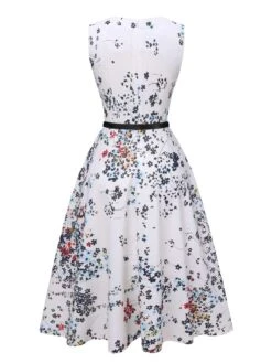 White 1940s V-Neck Floral Belted Sleeveless Dress 8 White 1940s V-Neck Floral Belted Sleeveless Dress -BUNBUN Fancy Clothing Shop SCHL004341 3 compressed