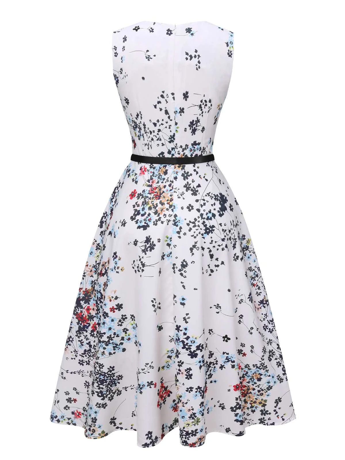White 1940s V-Neck Floral Belted Sleeveless Dress 5 White 1940s V-Neck Floral Belted Sleeveless Dress - Image 3