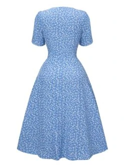 Blue 1940s Flower Print V-Neck Buttons Dress -BUNBUN Fancy Clothing Shop SCHL004343 3