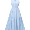 Sky Blue 1940s Stripes Stand Collar Dress -BUNBUN Fancy Clothing Shop SCHL004375 1