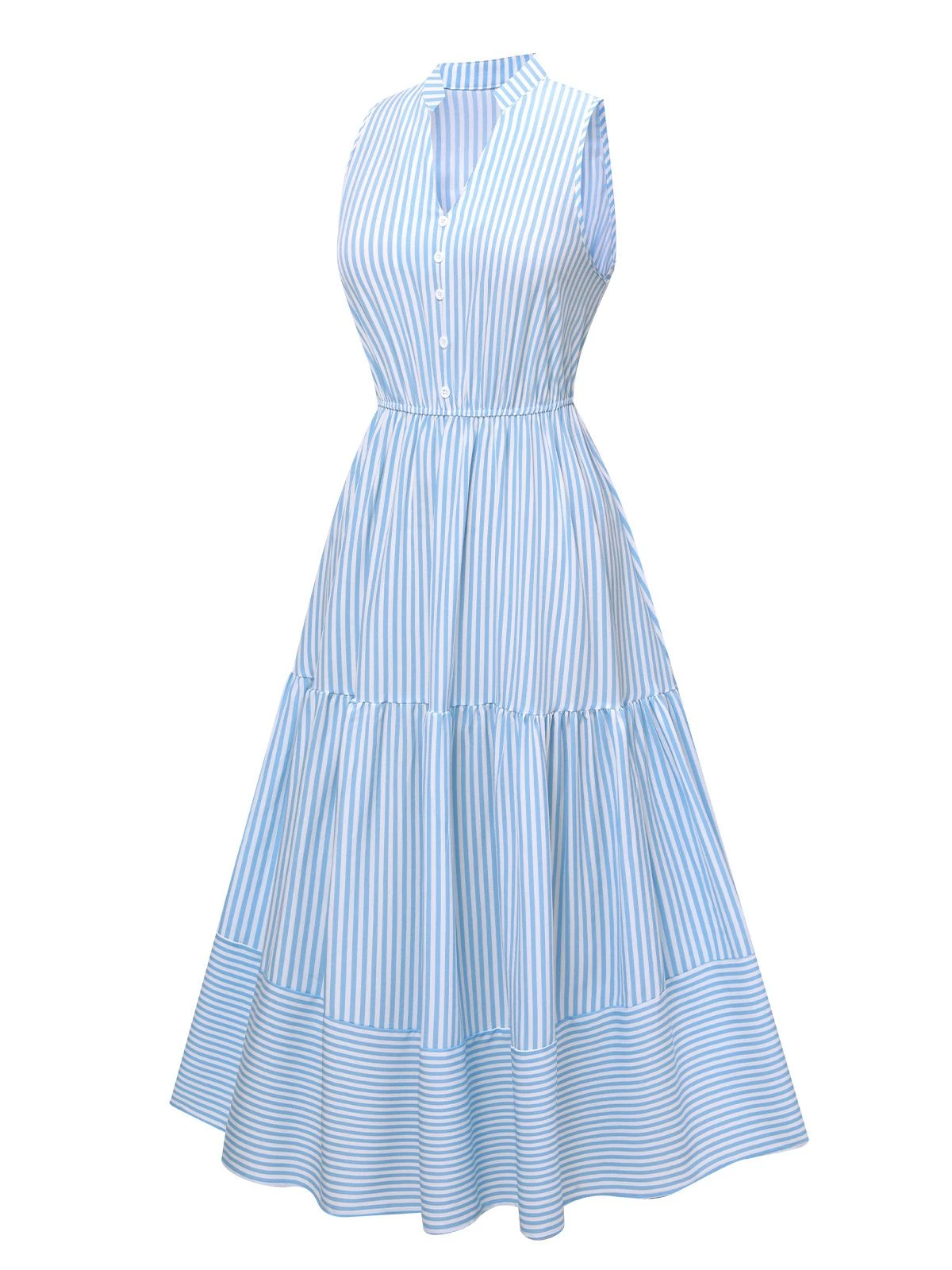 Sky Blue 1940s Stripes Stand Collar Dress 4 Sky Blue 1940s Stripes Stand Collar Dress - Image 2